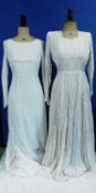 Two mid 20th Century wedding dresses, one circa 1940's/50's cream self patterned satin wedding dress