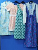 Four mid 20th Century ladies dresses, to include a white and floral patterned long dress with lace