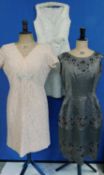 Three circa 1960's cocktail dresses, to include a cream glitter shift dress with rose detail to