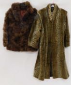 A lady's 3/4 length faux fur leopard coat and a lady's brown rabbit fur coat jacket, (2)