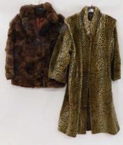 A lady's 3/4 length faux fur leopard coat and a lady's brown rabbit fur coat jacket, (2)