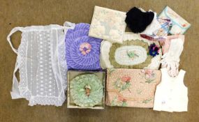 A mixed lot of lady's accessories to include a knitted and feather trimmed bed jacket in original