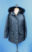 A lady's black Belstaff hooded parka, zip fronted with storm flap and popper fastening, front