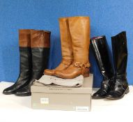 Three pairs of lady's knee high boots to include a pair of black and tan style riding boots by