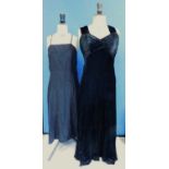 A c.1940's black sleeveless velvet evening gown together with a c.mid 20th century black satin