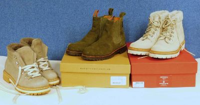Three pairs of lady's suede boots to include a pair of beige suede boots by Grenson, size 5; a