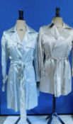 Two custom tailor made lady's satin macs, one in beige, one in pale grey, both tie waisted, approx