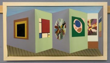 Brian Weaver (British, b.1932), 3D reverse perspective of an art gallery setting, acrylic on wood,