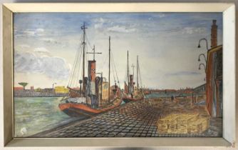 David Price (British, 20th century), Steamer tug boats in harbour, watercolour and gouache, signed