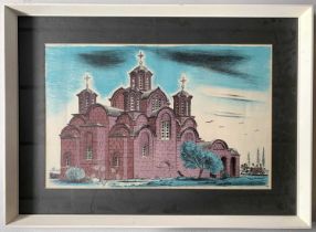 European School, contemporary, Church with nearby horse and cart travellers, lithograph in