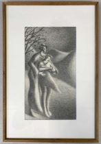 British contemporary, Two figures embrace in a rolling landscape, pencil on paper, unsigned,