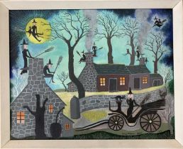 Molley McCann (British,1913-2005), Witches, oil on board, signed and dated 1976, 39x49cm, framed.