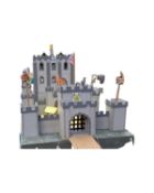 A beautifully handcrafted wooden Medieval castle, with a quantity of toy soldiers. Stores into