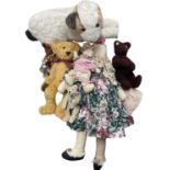 A collection of various collector's bears and soft toys, to include: - A c1940s nightdress case,