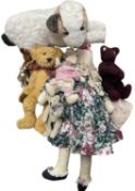 A collection of various collector's bears and soft toys, to include: - A c1940s nightdress case,