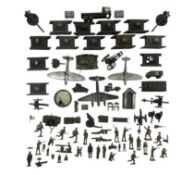 A collection of various wooden and die-cast military vehicles, tanks, planes and figures. To include