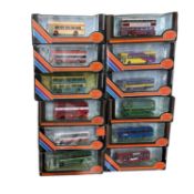 A collection of various large boxed Exclusive First Editions die-cast buses, including Yorkshire