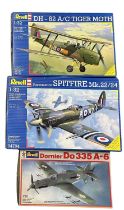 A collection of Revell building kits, to include: - Dornier Do 335 A-6, 1:72 - DH-82 A/C Tiger Moth,