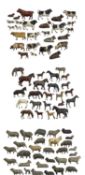 A large collection of various die-cast farm animals, to include cattle, sheep, and horses.