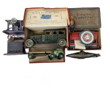 A mixed lot of various tinplate toys, to include: - A boxed Simplex Typewriter - A boxed MOKO SX Six