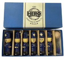 A boxed wooden skittles game, modelled as Policemen, by The Hero Manufacturing Co and designed by
