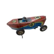 A vintage Turkish tin Bugatti toy car by Blech. Marked UFUK to side. AF