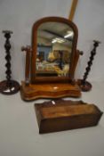 Mixed Lot: Letter rack, pair of barley twist candlesticks and a small dressing table mirror