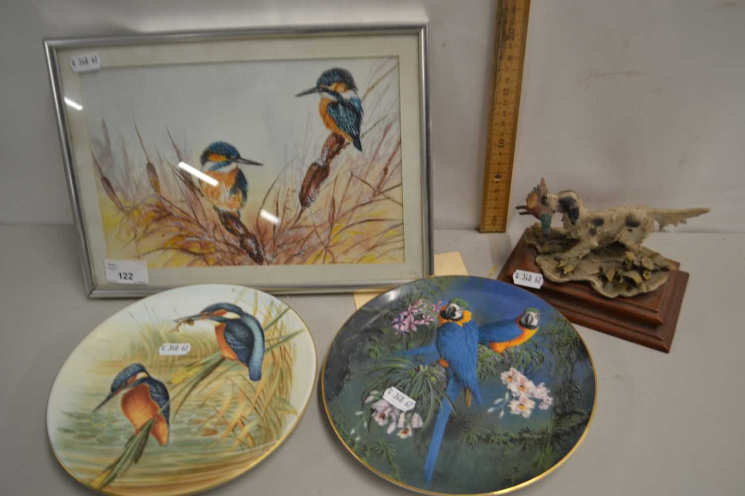Mixed Lot: Framed study of Kingfishers, model of a Spaniel and two collectors plates
