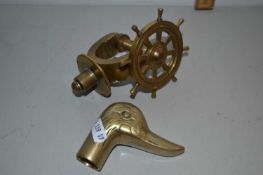 Ship's wheel style nutcracker, together with a brass walking stick mount in the form of a duck's