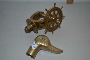 Ship's wheel style nutcracker, together with a brass walking stick mount in the form of a duck's