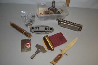Box of various mixed items to include a mouth organ, vintage cigar, a Hunter bullet lighter etc