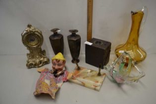 Mixed Lot: Amber Glass jug, vintage Rex camera, desk stand, glove puppet and other items