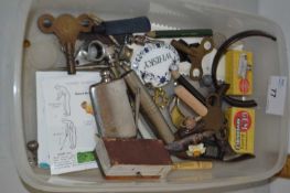 Box of various mixed items to include clock keys, tortoiseshell mounted box etc