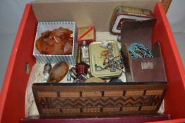 Box of various mixed item to include assorted costume jewellery, cribbage board etc