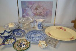 Mixed Lot: Various glass and ceramics to include meat plate, blue and white china wares, desk stand,