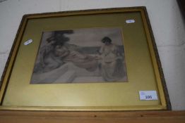 Study of three classical ladies seated before a seascape, gilt framed, indistinctly signed