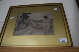 Study of three classical ladies seated before a seascape, gilt framed, indistinctly signed