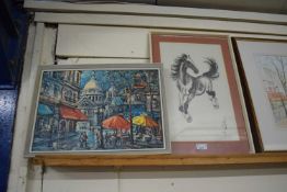 Mixed Lot: Print of a Parisian street scene and a Chinese print of a horse