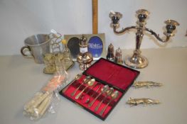 Mixed Lot: Silver plated and metal wares to include candelabra, cruet, cutlery etc