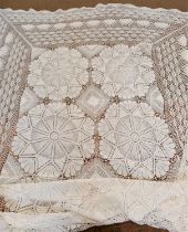 A mid 20th century crochet white double bed cover, together with a single white cotton waffle and