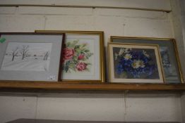 Group of four various pictures to include floral studies, a winter landscape and others (4)