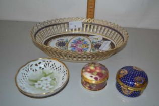 A group of porcelain wares and a pill box painted with fruits, the interior with quartz clock,