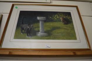 Barbara Pollard, study of garden scene with cats, framed and glazed