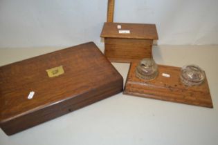 Mixed Lot: Oak cutlery case, money box and a desk stand