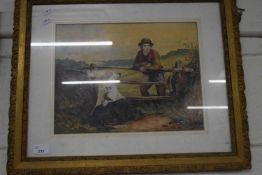 19th Century school study of a figure with two dog, framed and glazed