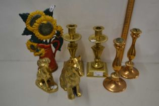 Mixed Lot: Brass candlesticks,model dogs and a sunflower doorstop