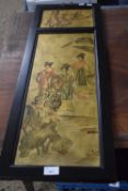 Lacquered Oriental panel decorated with figures and Lotus flowers