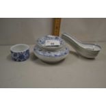 Collection of modern Chinese blue and white rice spoons, covered jar etc