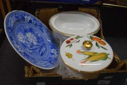 Two Evesham casserole dishes and a Spode blue and white plate