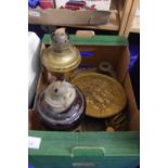 Oil lamp bases, brass wall plaques etc